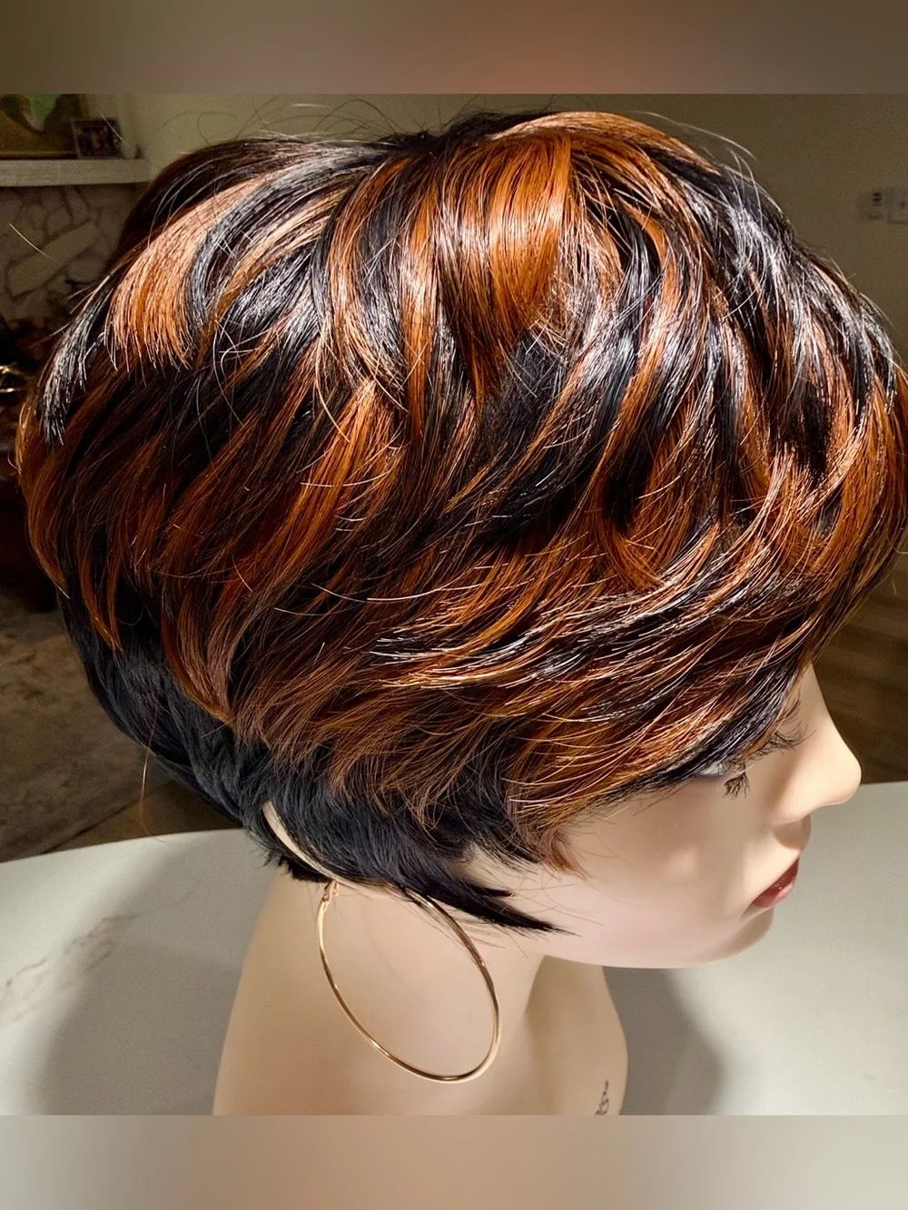 HAIR, Pixie Cut with Bangs, Black with Copper/Carmel highlights